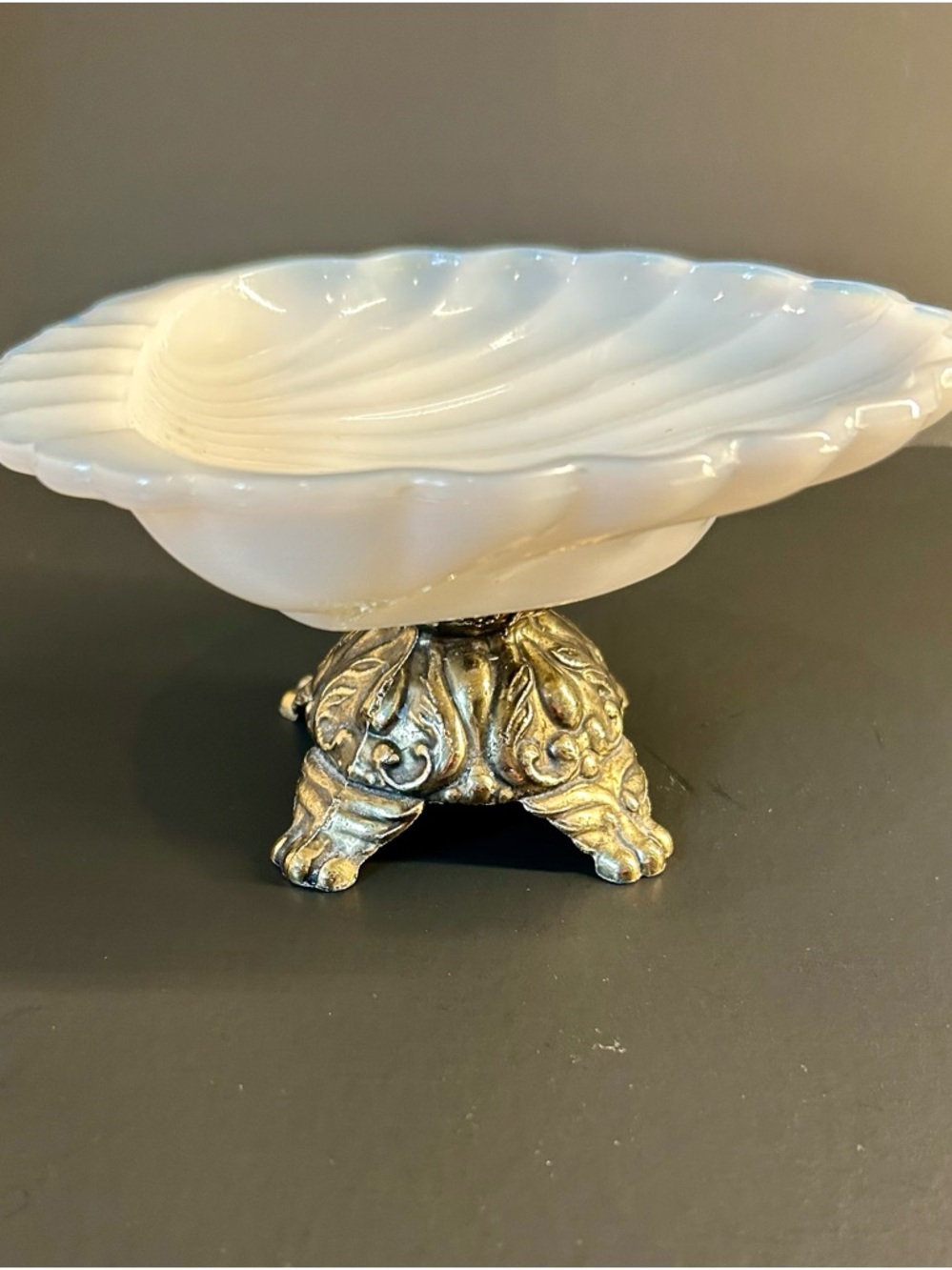 Vintage Pedestal Shell Milk Glass Soap/ Trinket Dish